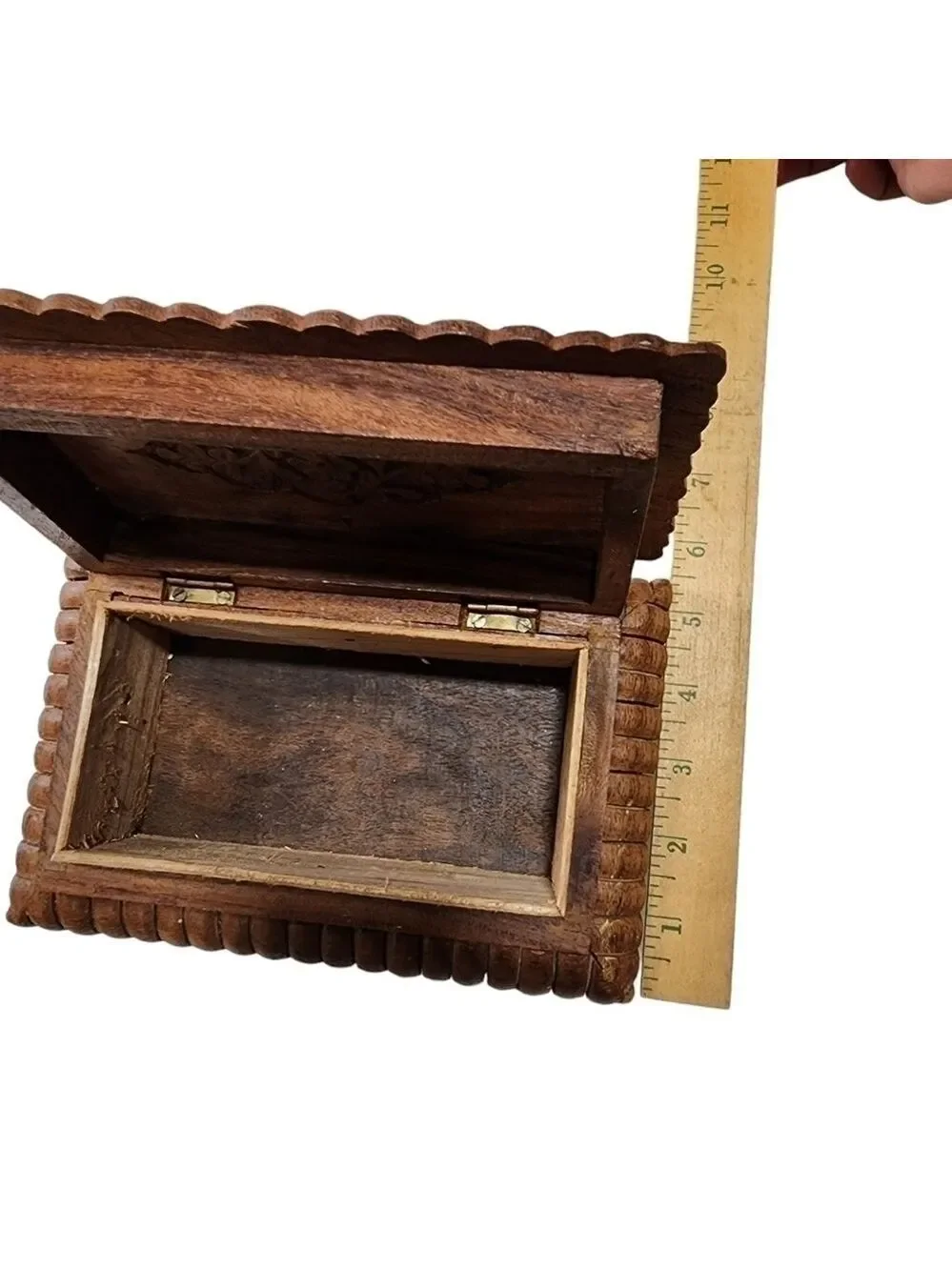 Vintage hand carved wood jewelry trinket box with inlay design India